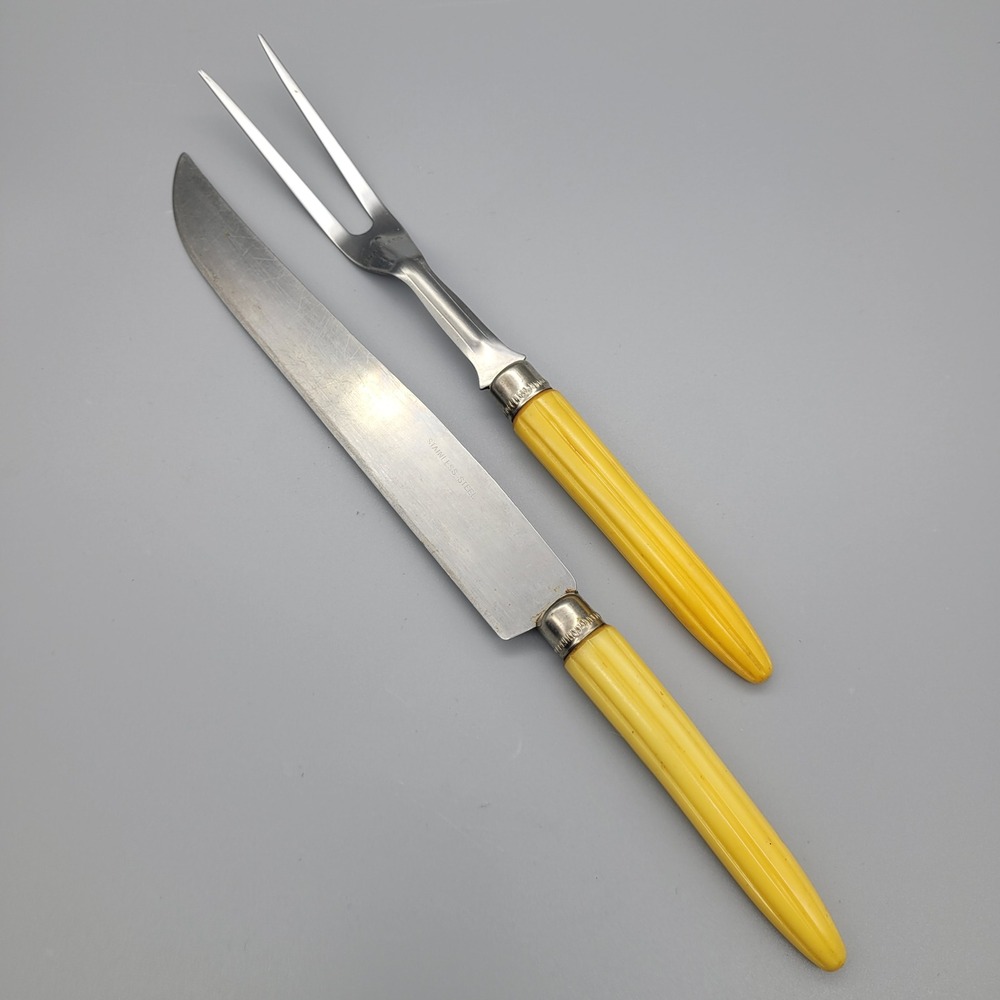 Vintage Stainless Steel‎ Carving Set 2pc Knife and Fork Yellow Fluted Handles